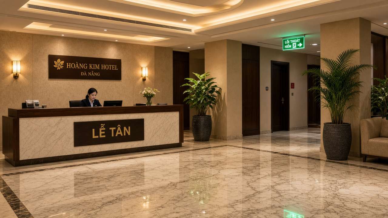 Sảnh khách sạn: lối thoát hiểm phải sáng, không bị quầy che.